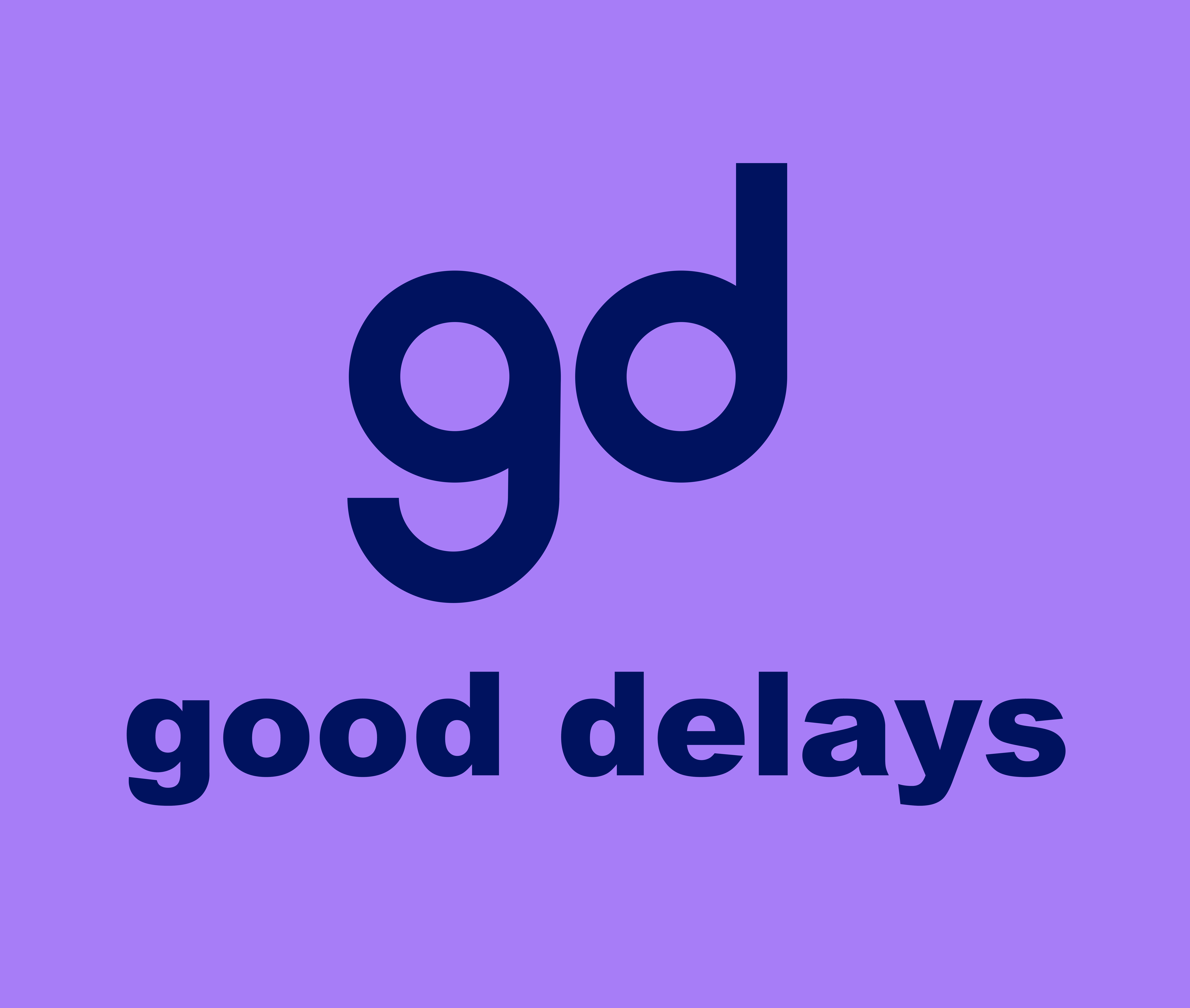 Good Delays logo: a navy gd monogram on purple